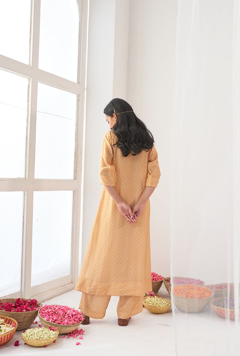 Yellow Polka Dot Print A-Line Iris Kurta Set