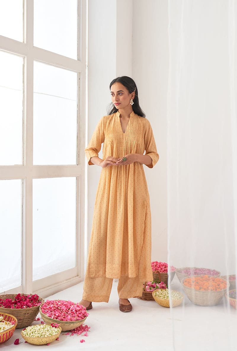 Yellow Polka Dot Print A-Line Iris Kurta Set