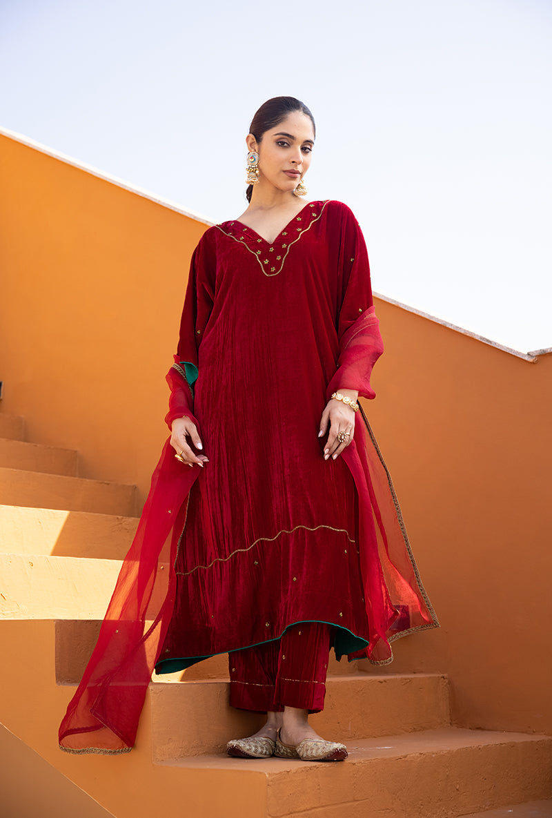 Red Velvet Kaftan sleeve Hand Embroidered Ghazal Kurta Set