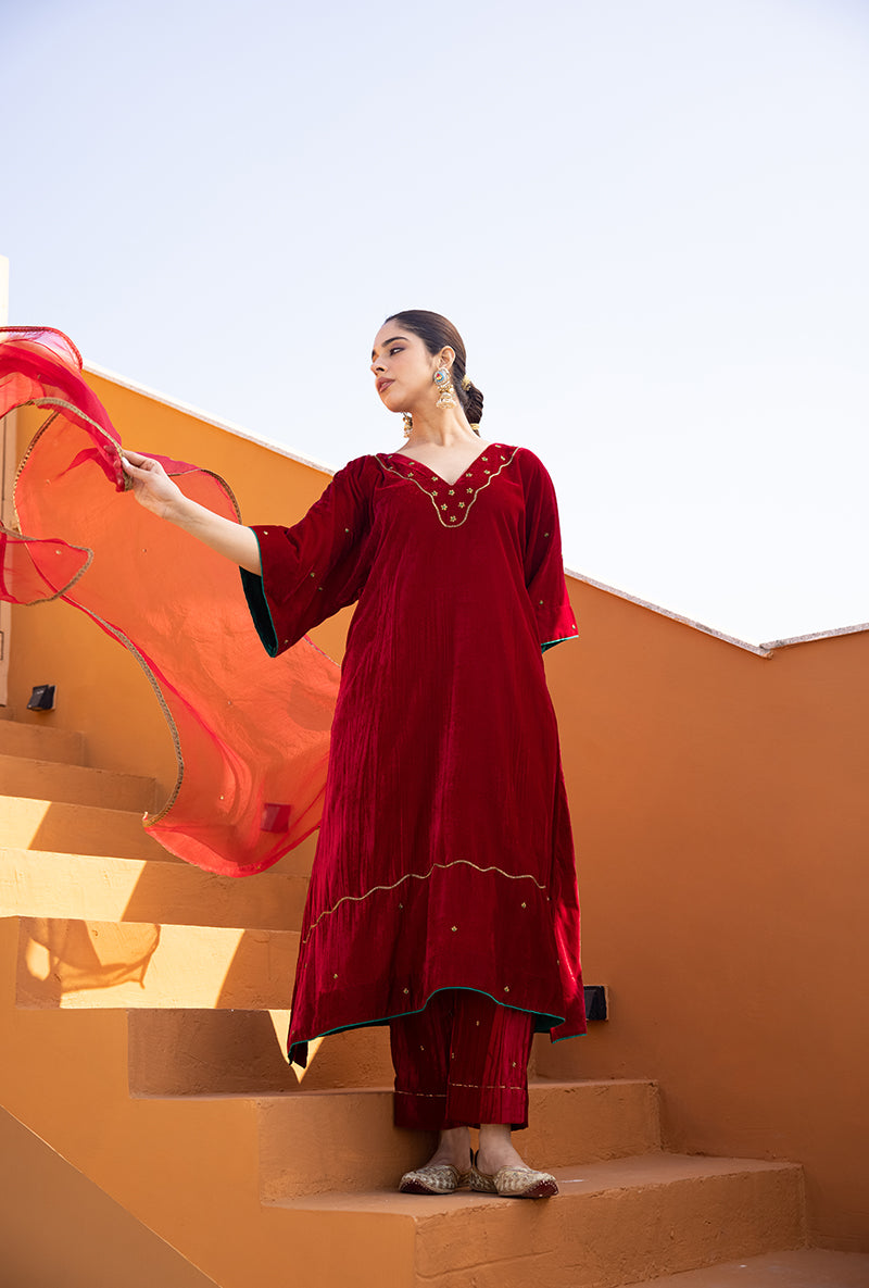 Red Velvet Kaftan sleeve Hand Embroidered Ghazal Kurta Set