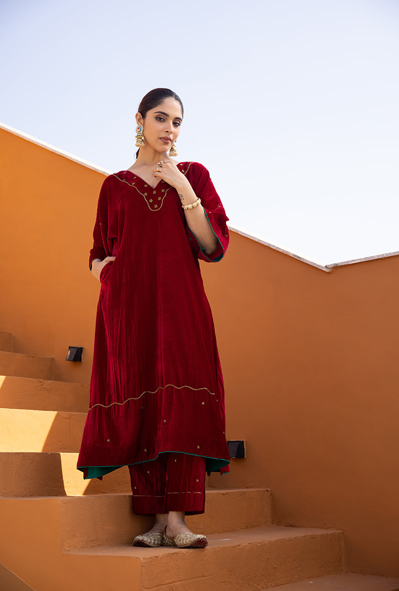 Red Velvet Kaftan sleeve Hand Embroidered Ghazal Kurta Set