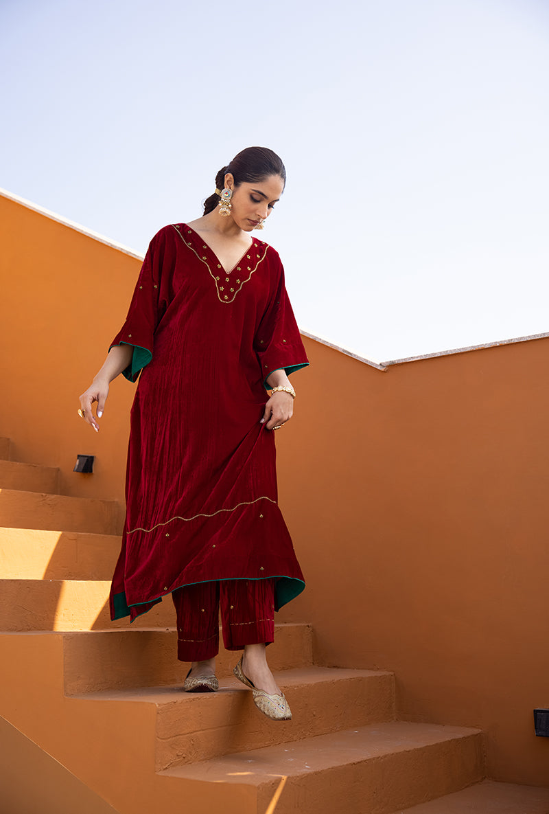 Red Velvet Kaftan sleeve Hand Embroidered Ghazal Kurta Set