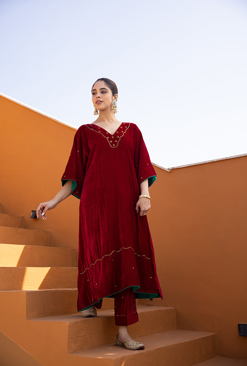 Red Velvet Kaftan sleeve Hand Embroidered Ghazal Kurta Set