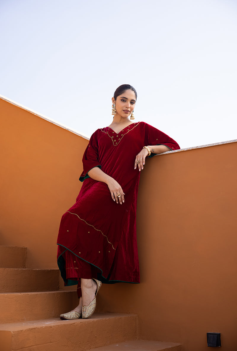 Red Velvet Kaftan sleeve Hand Embroidered Ghazal Kurta Set