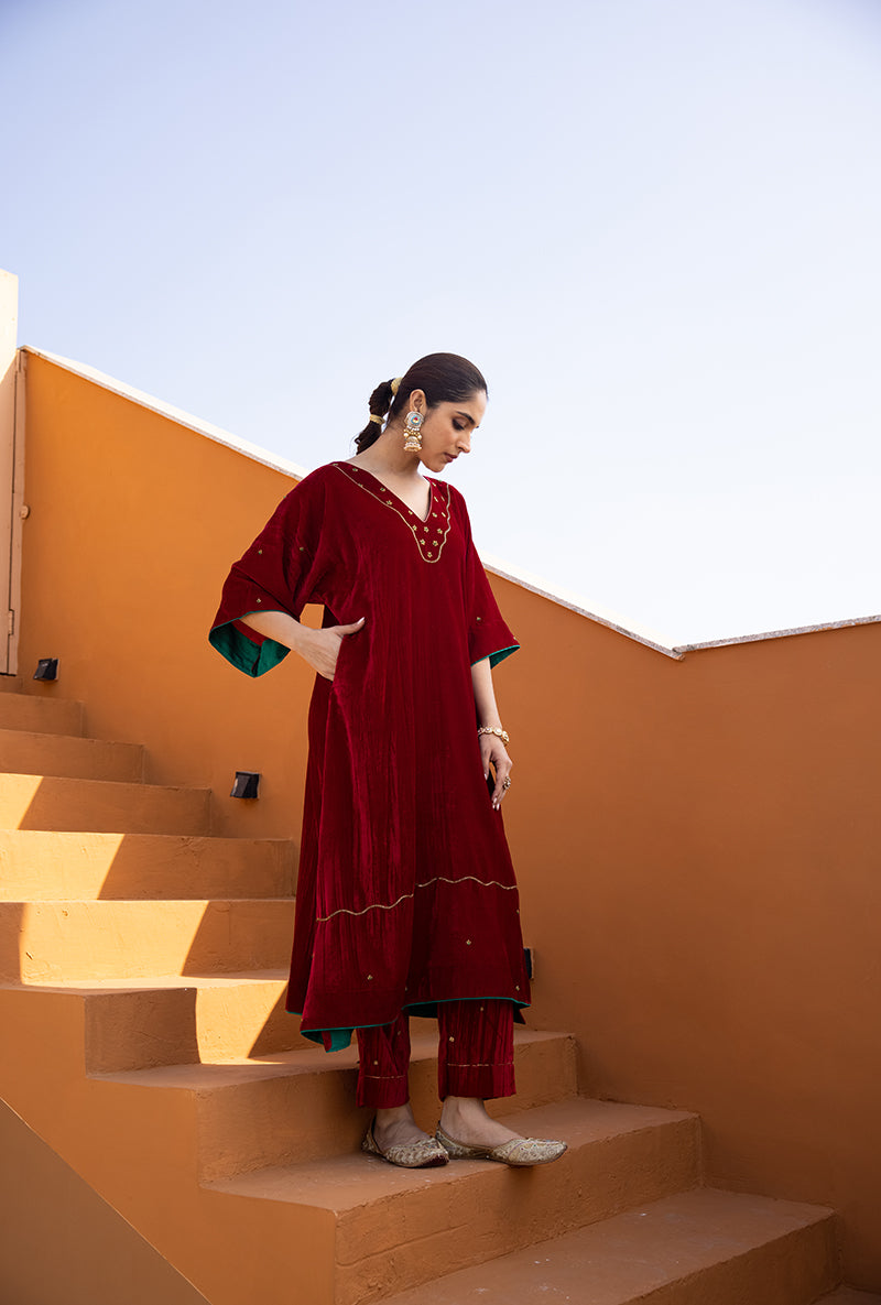 Red Velvet Kaftan sleeve Hand Embroidered Ghazal Kurta Set