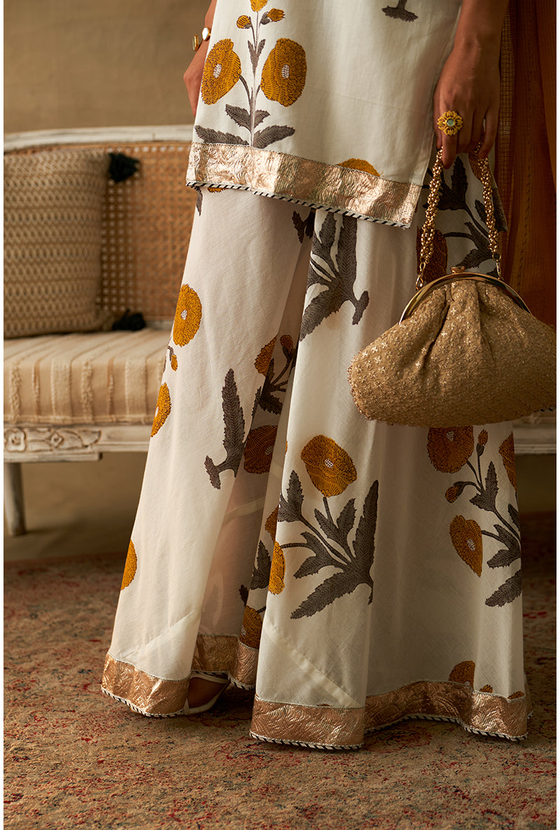 Yellow And White Block Printed Marigold Sharara Set