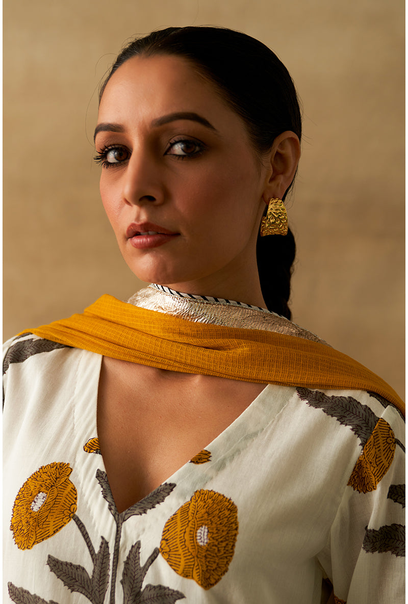 Yellow And White Block Printed Marigold Sharara Set