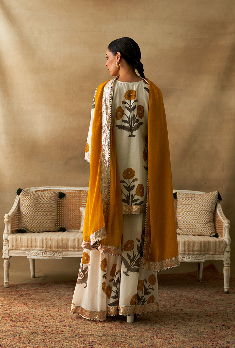 Yellow And White Block Printed Marigold Sharara Set