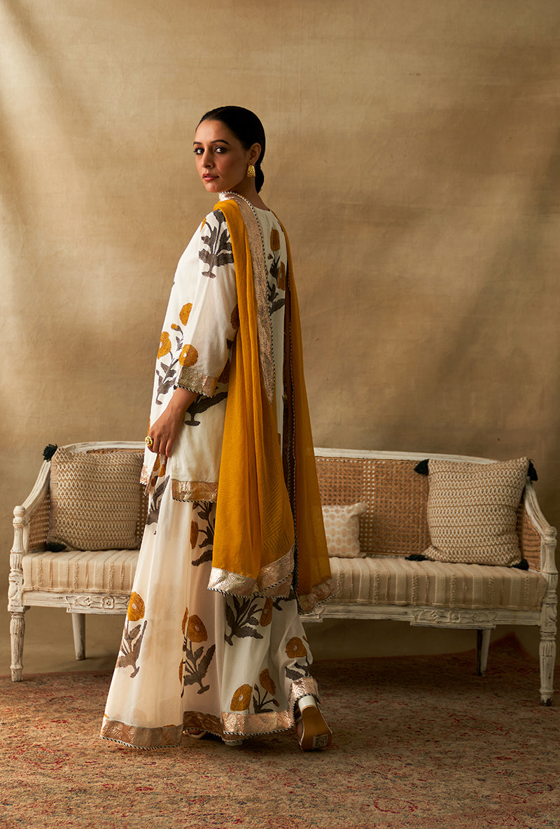 Yellow And White Block Printed Marigold Sharara Set