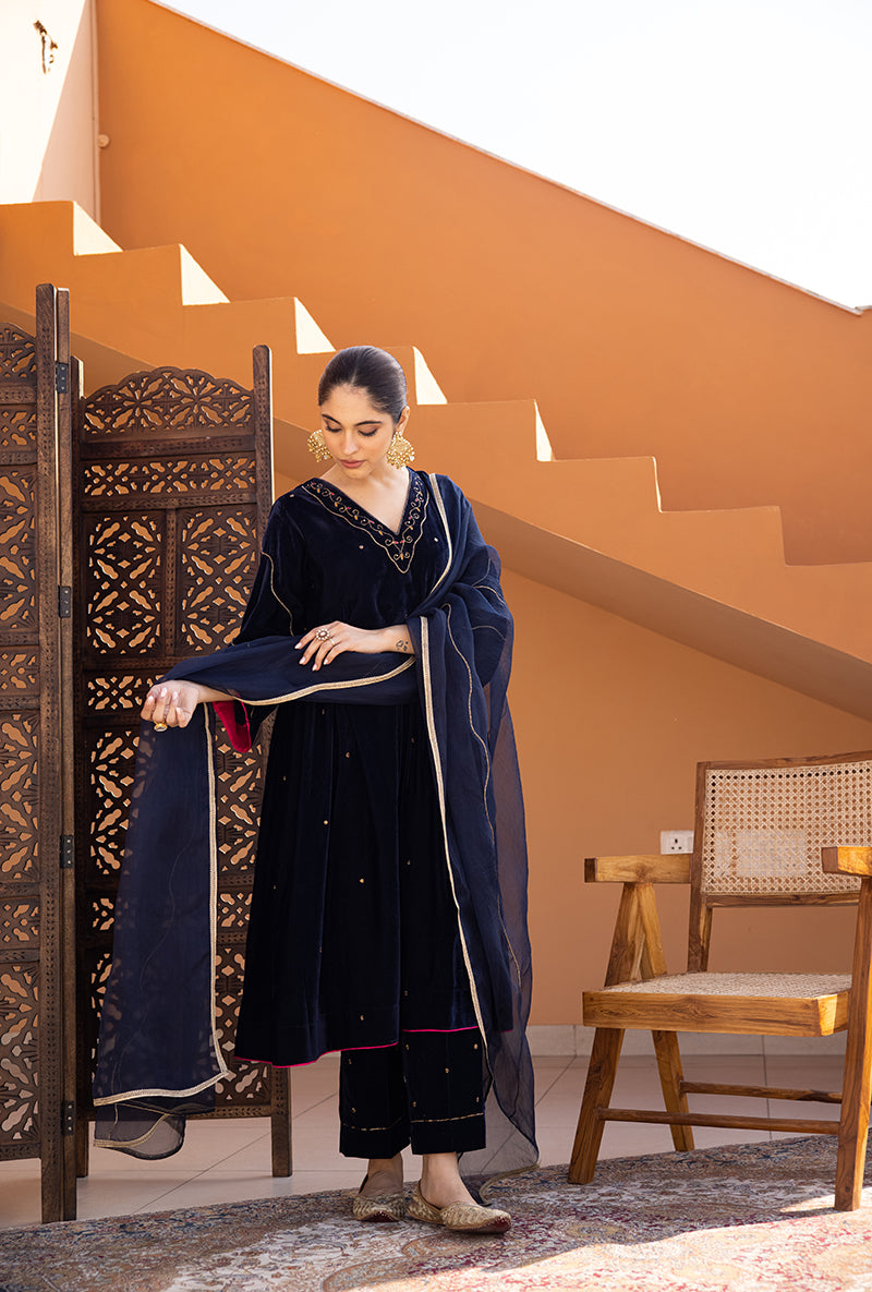 Navy Blue Kaftan Sleeve Hand Embroidered Ghazal Kurta Set