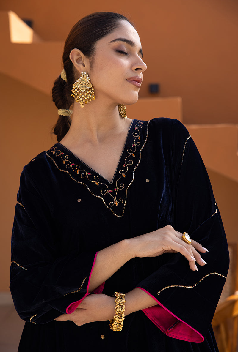 Navy Blue Kaftan Sleeve Hand Embroidered Ghazal Kurta Set