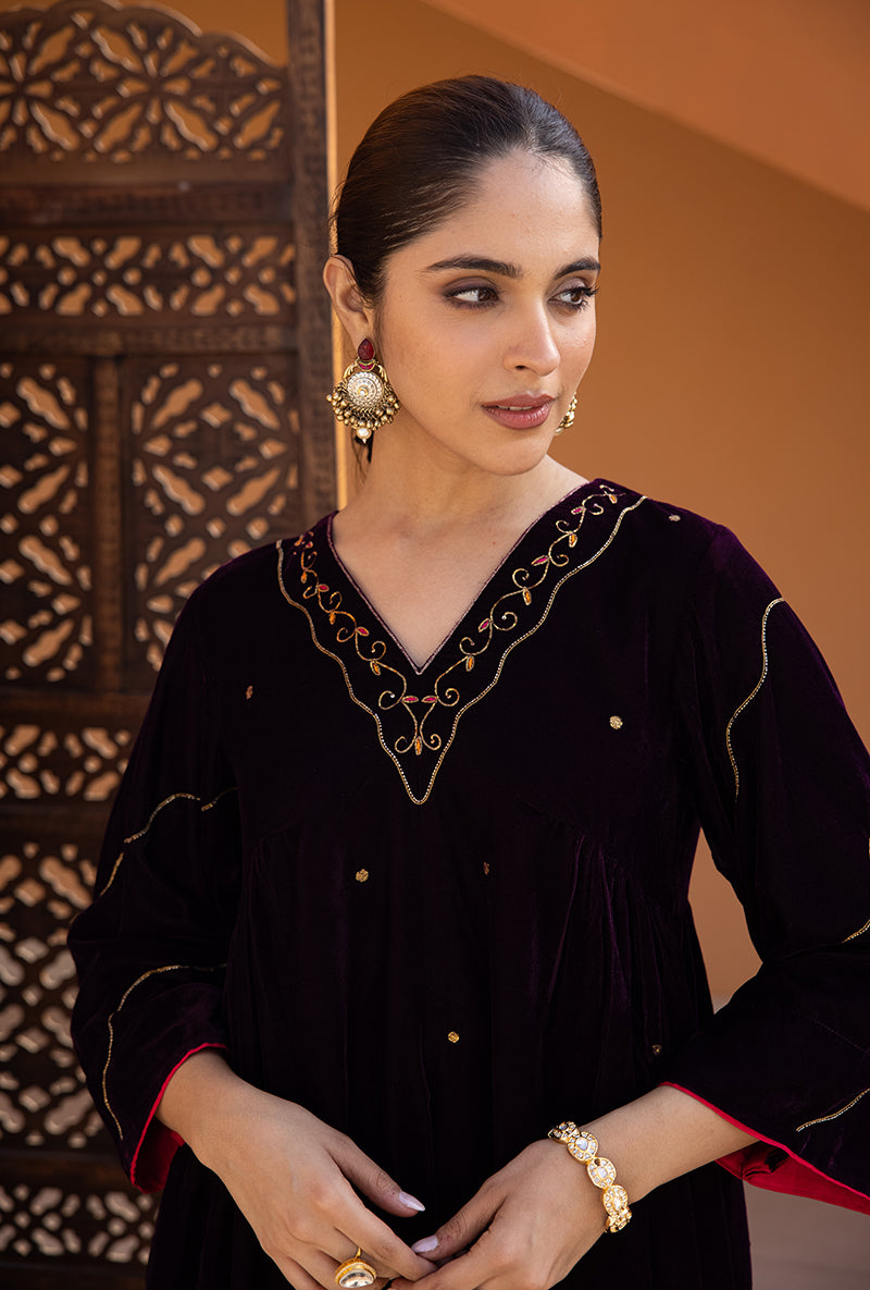 Navy Blue Kaftan Sleeve Hand Embroidered Ghazal Kurta Set