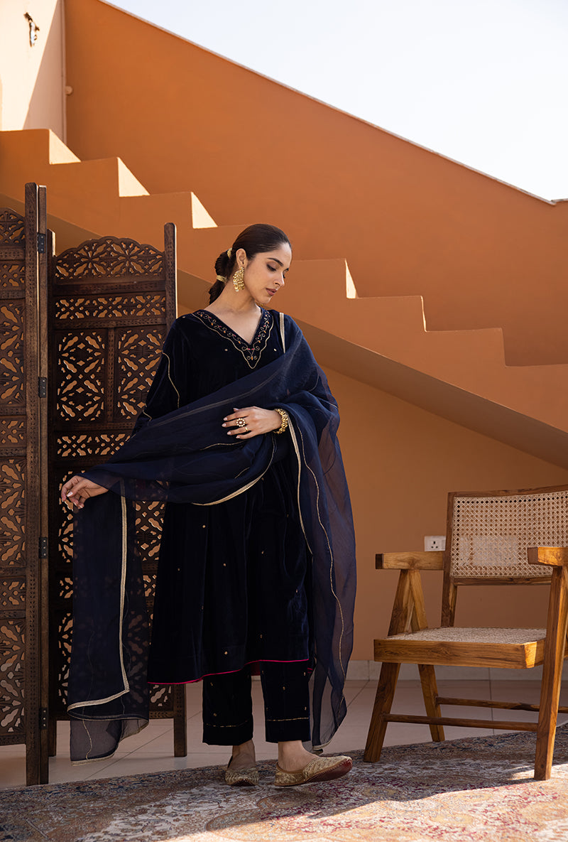 Navy Blue Kaftan Sleeve Hand Embroidered Ghazal Kurta Set