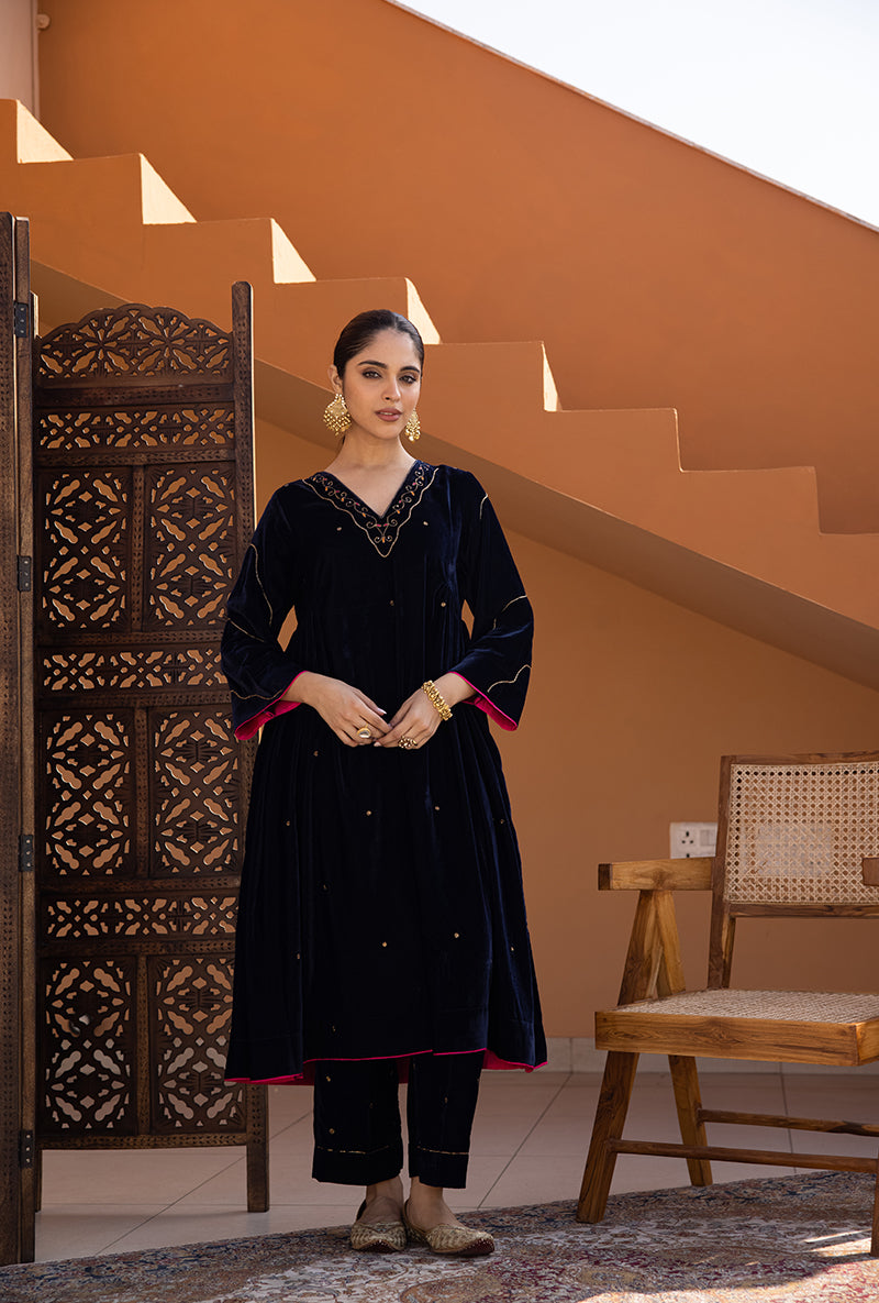 Navy Blue Kaftan Sleeve Hand Embroidered Ghazal Kurta Set