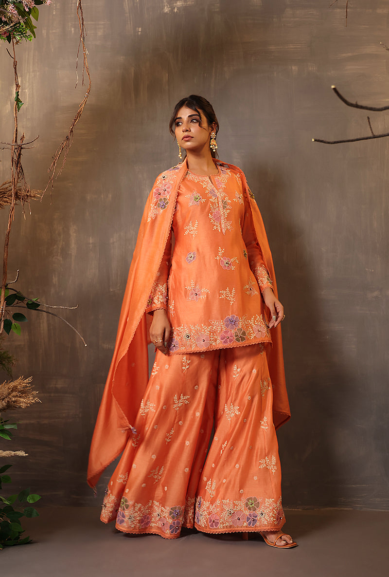 Peach Heavy Cut Work Samah Sharara Set