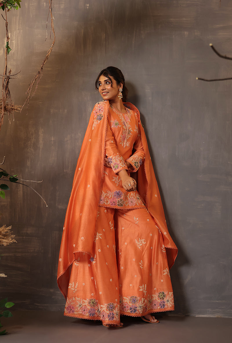 Peach Heavy Cut Work Samah Sharara Set