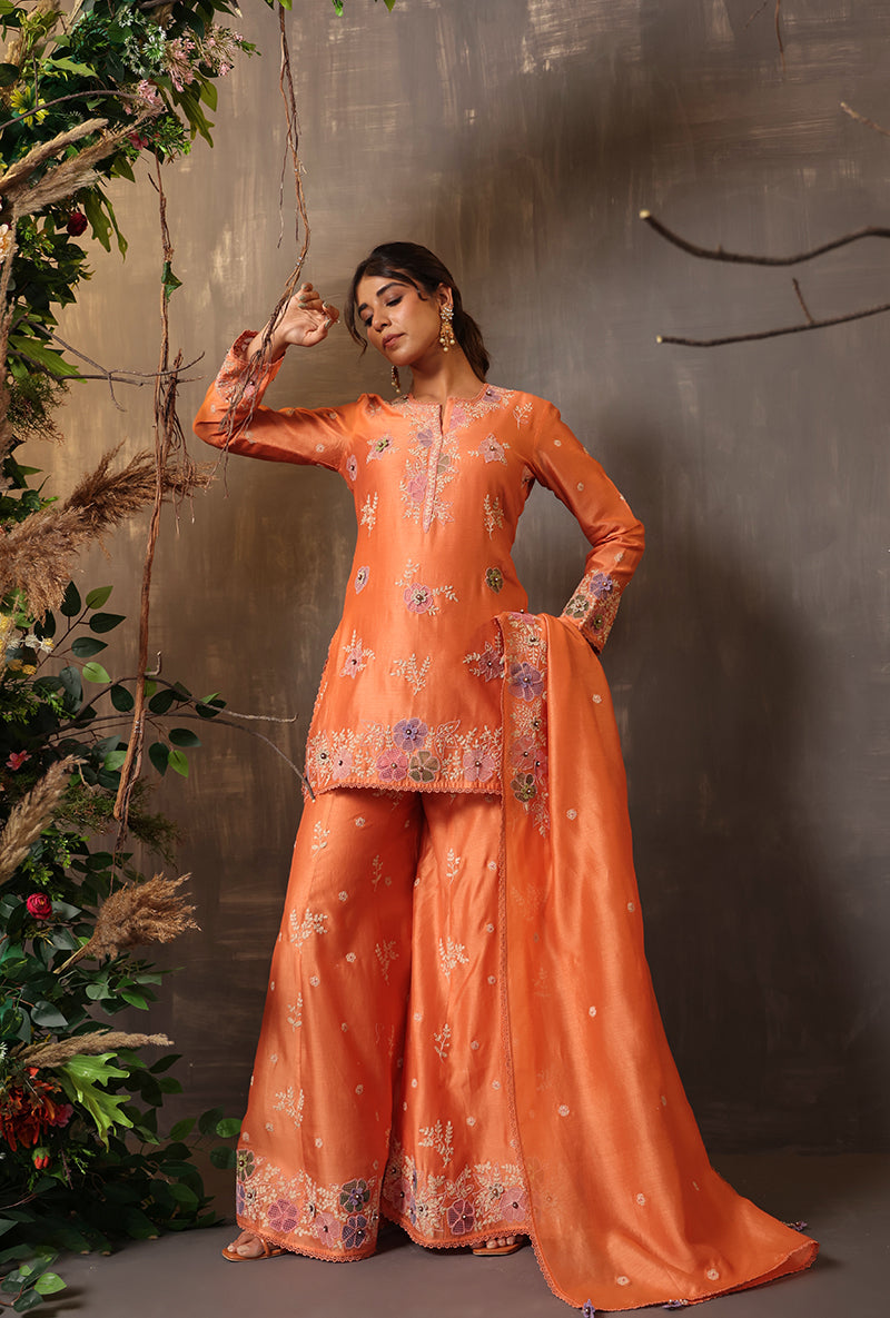 Peach Heavy Cut Work Samah Sharara Set