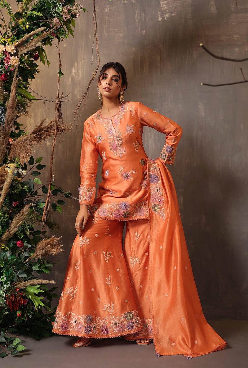 Peach Heavy Cut Work Samah Sharara Set