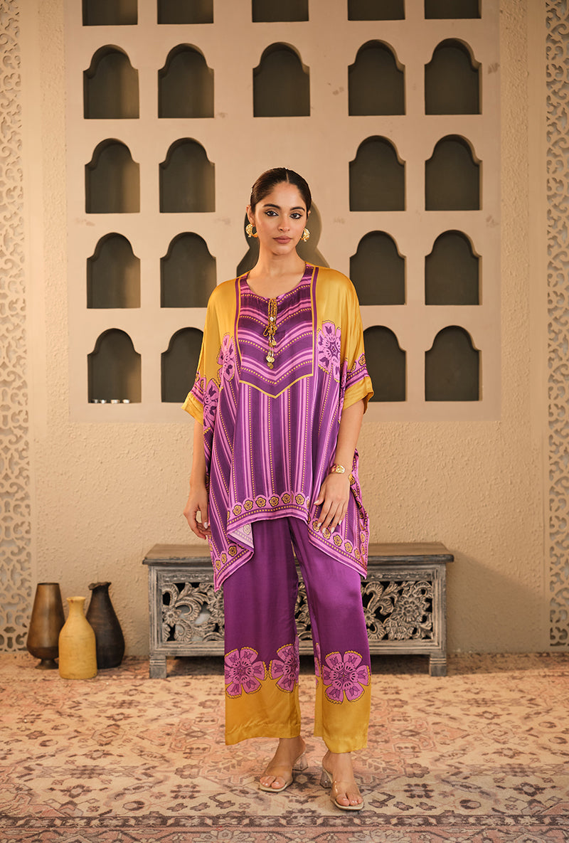 Purple-Mustard Stripes Asymmetric Goonj Co-Ord Set