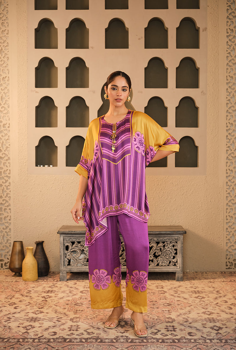 Purple-Mustard Stripes Asymmetric Goonj Co-Ord Set