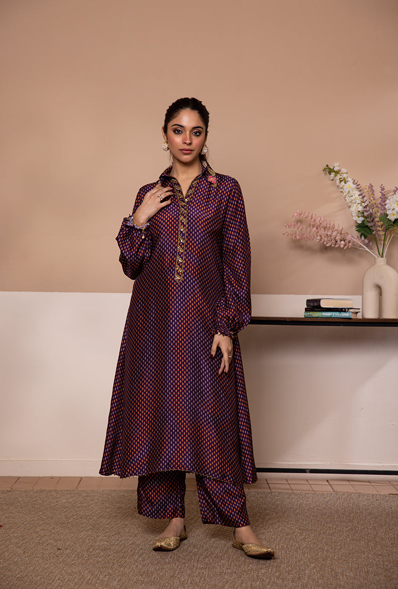 Purple Cheent Print Collar Shaheen Kurta Set