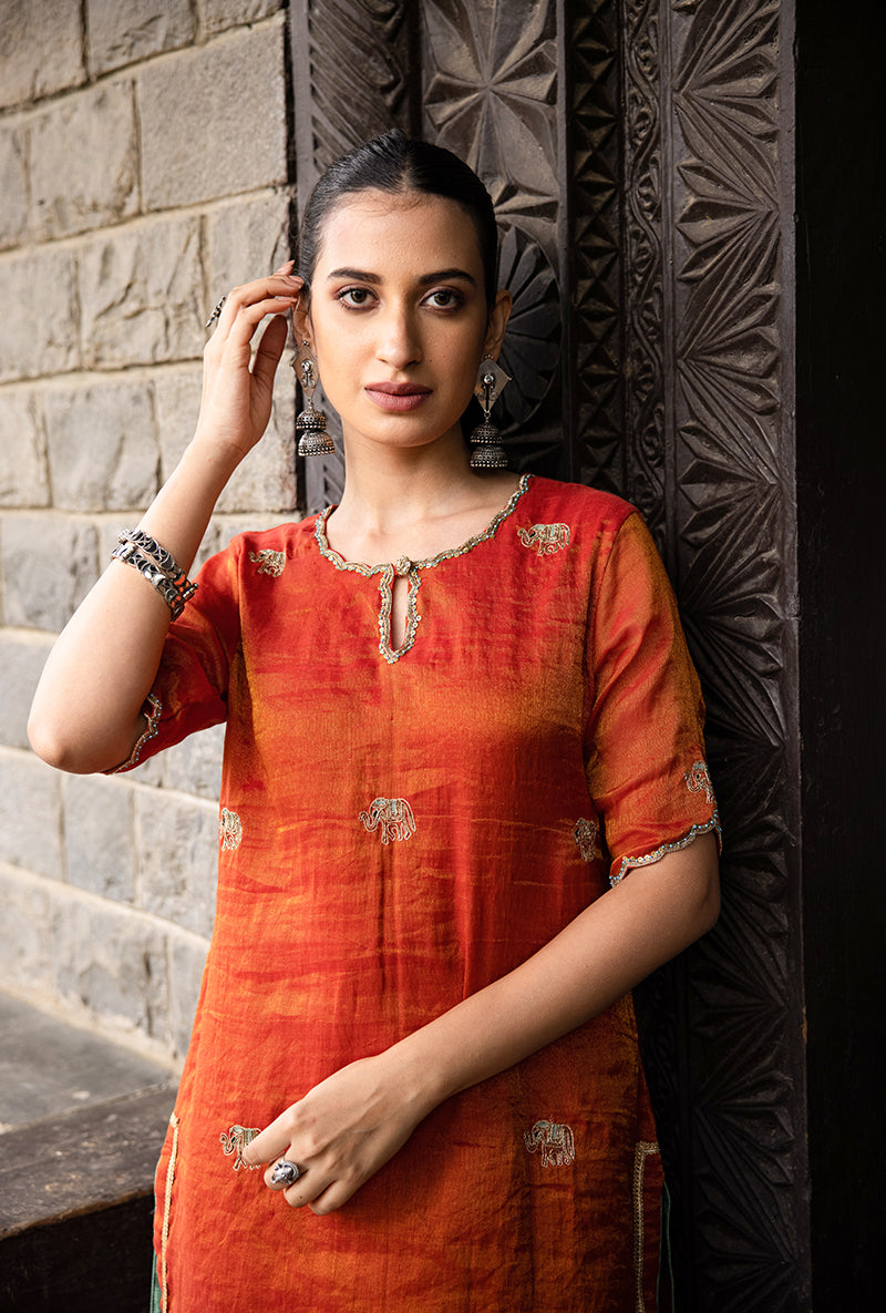 Rust Elephant Motif Surmayi Sharara Set