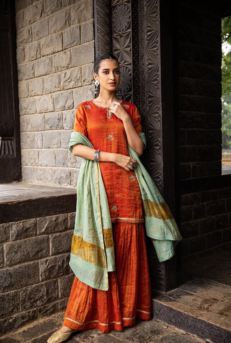 Rust Elephant Motif Surmayi Sharara Set