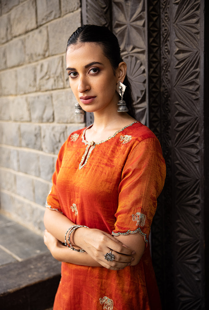 Rust Elephant Motif Surmayi Sharara Set