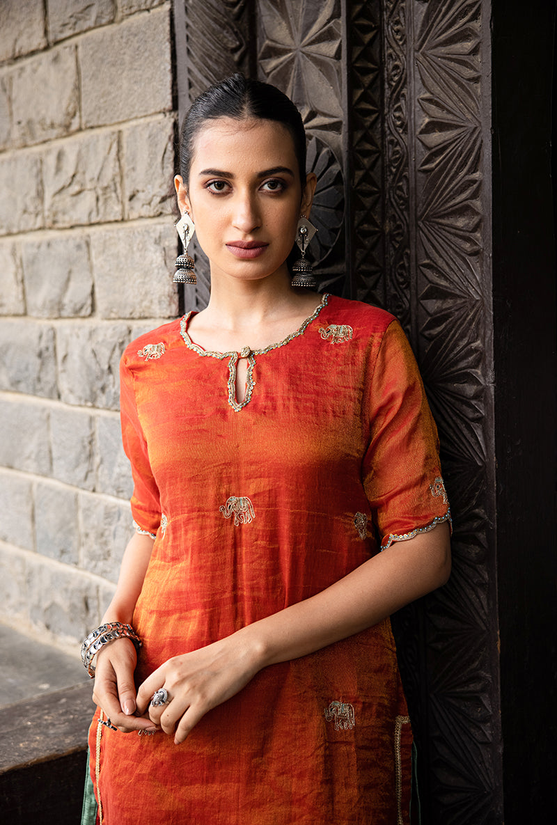 Rust Elephant Motif Surmayi Sharara Set