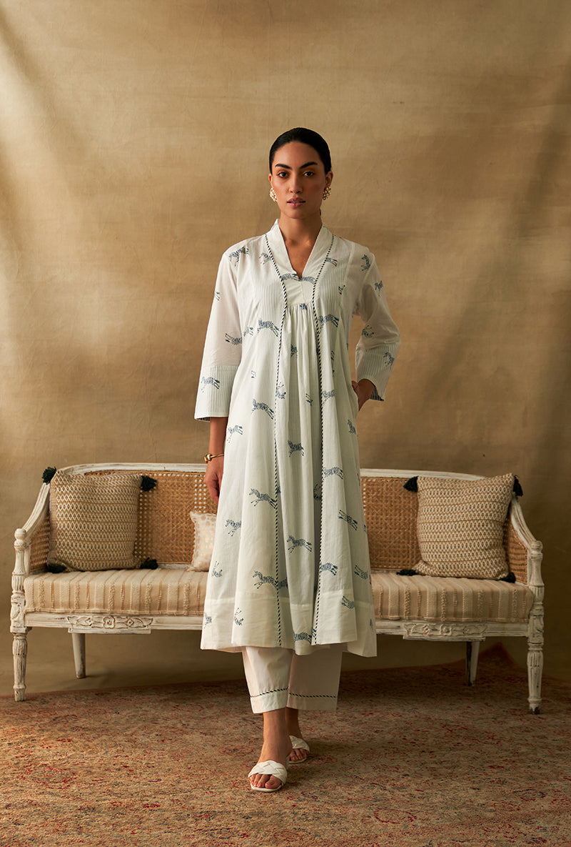 White Zebra Print Marigold Kurta Set