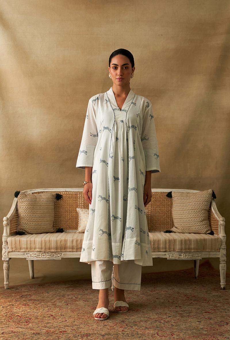 White Zebra Print Marigold Kurta Set