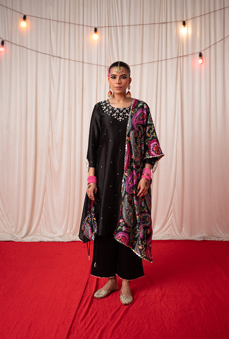 Black Embroidered A Line Kikli Kurta Set