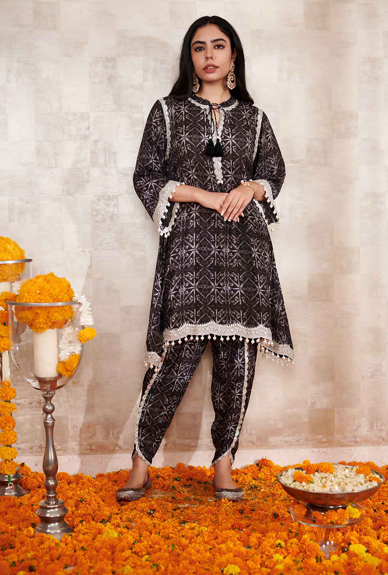 Black Geometric Print Kaya Kurta Set