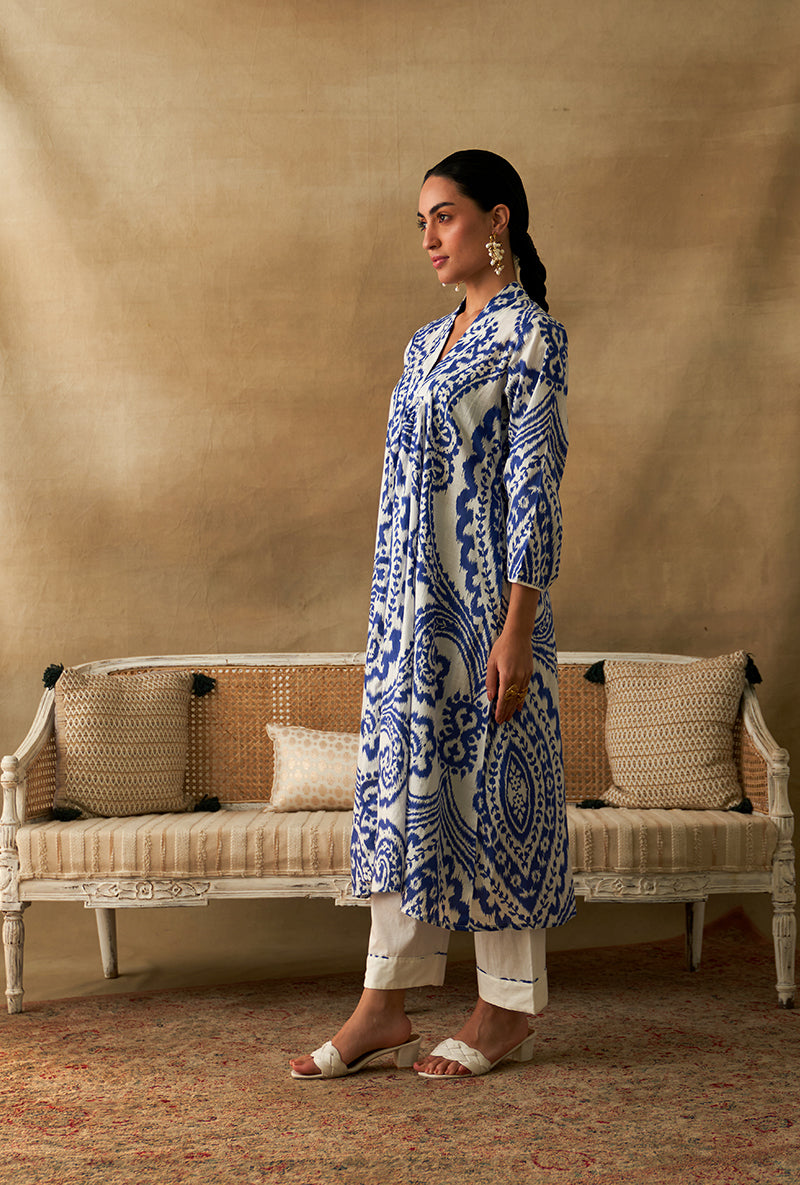 Blue Ikat Print Marigold Kurta Set