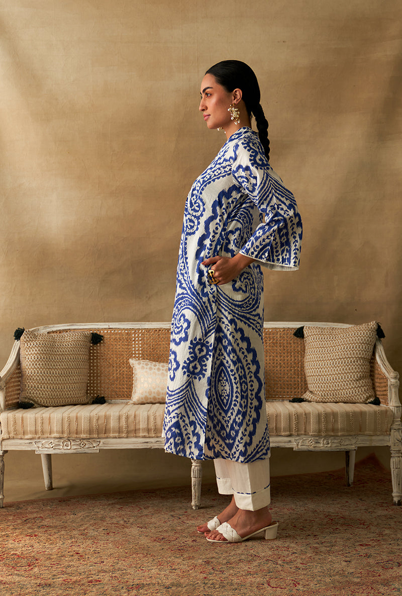 Blue Ikat Print Marigold Kurta Set