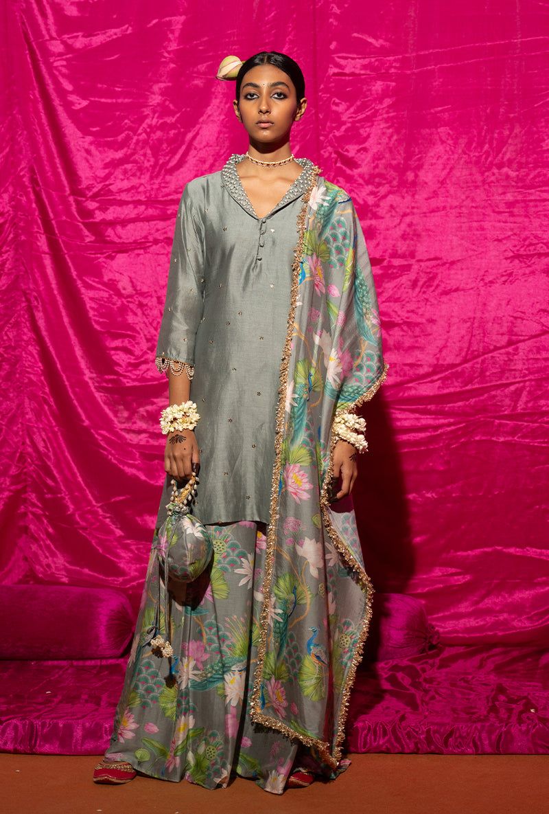 Grey Printed Kamli Sharara Set