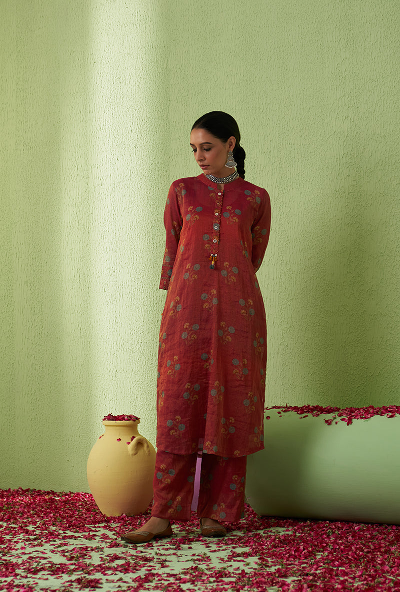 Rani Pink Mughal Print Tara Kurta Set