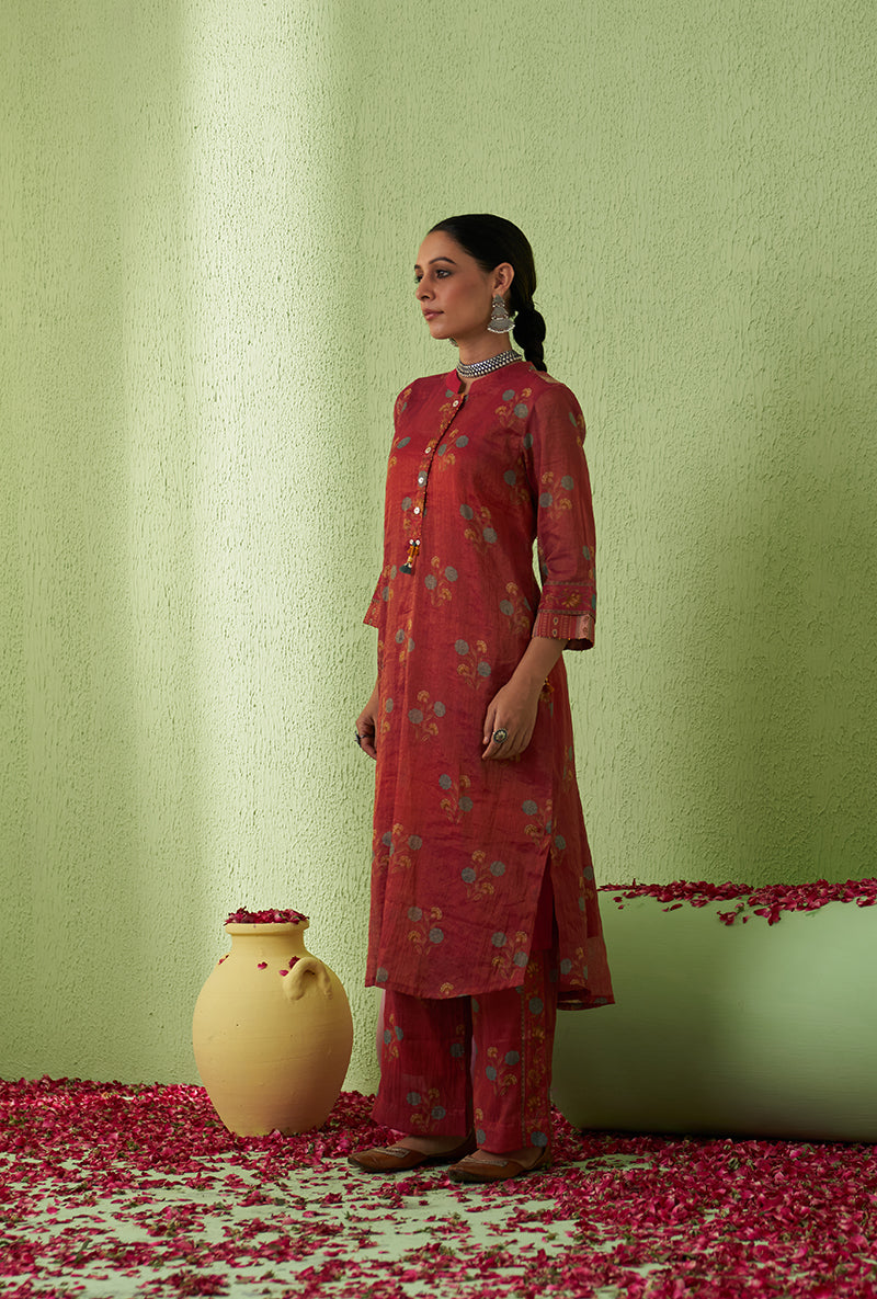 Rani Pink Mughal Print Tara Kurta Set