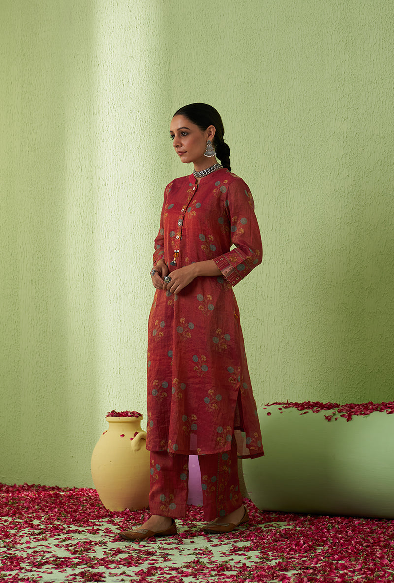 Rani Pink Mughal Print Tara Kurta Set