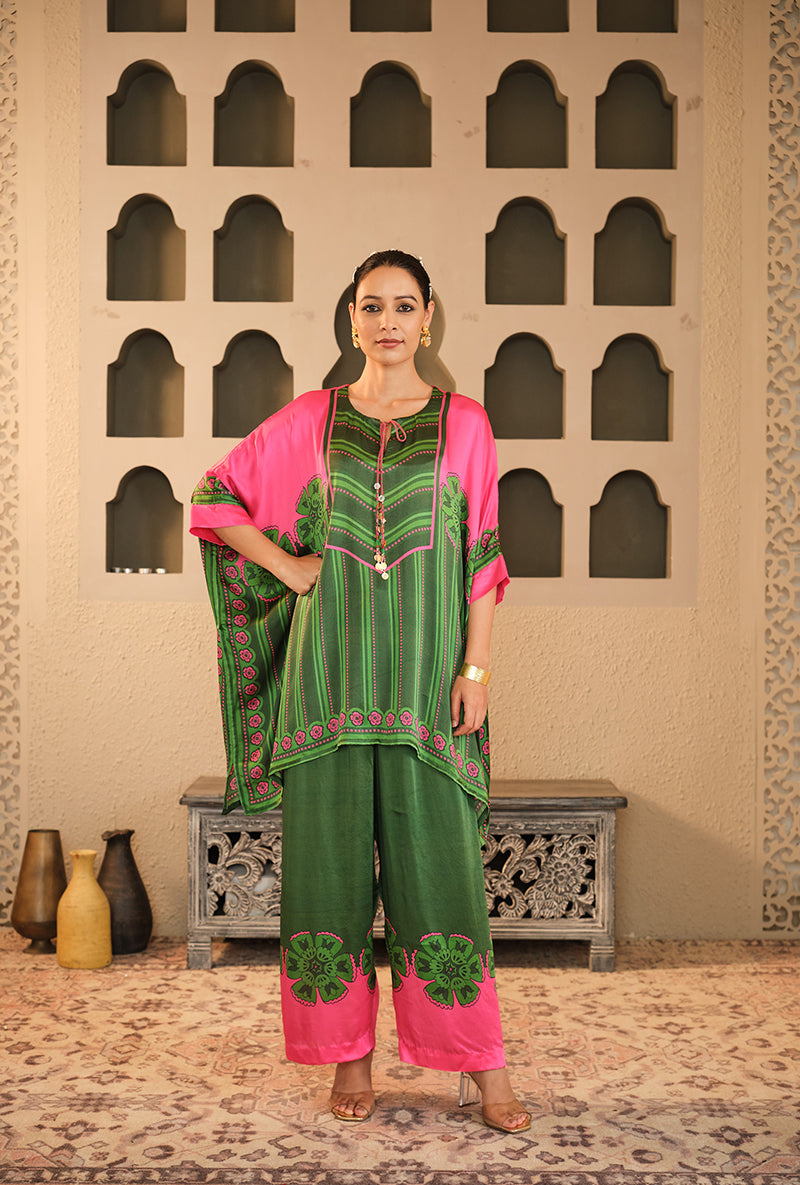 Green- Pink Asymmetric Goonj Co-Ord Set