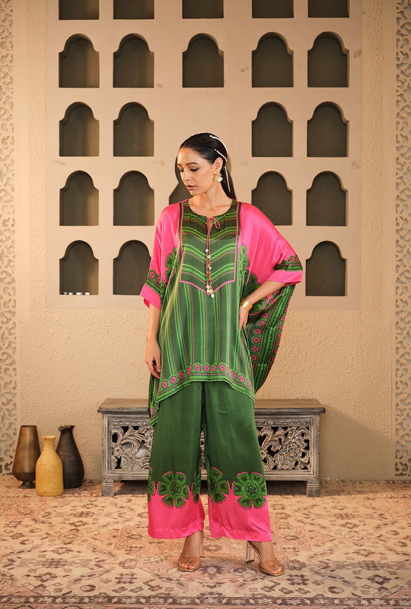 Green- Pink Asymmetric Goonj Co-Ord Set