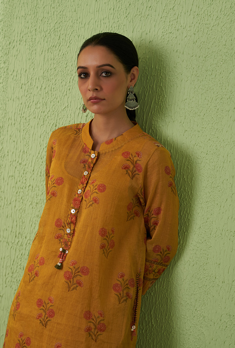 Mustard Mughal Print Tara Kurta Set