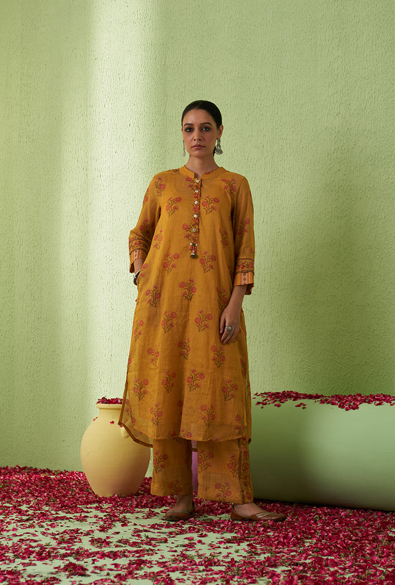 Mustard Mughal Print Tara Kurta Set