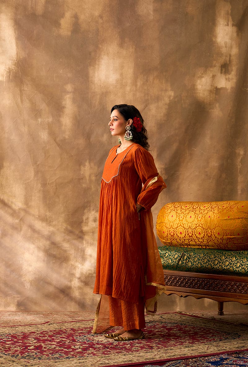 Meghna Nayyar In Rust Hand Embroidered Khwaab Kurta Set