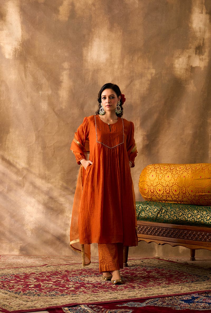 Meghna Nayyar In Rust Hand Embroidered Khwaab Kurta Set