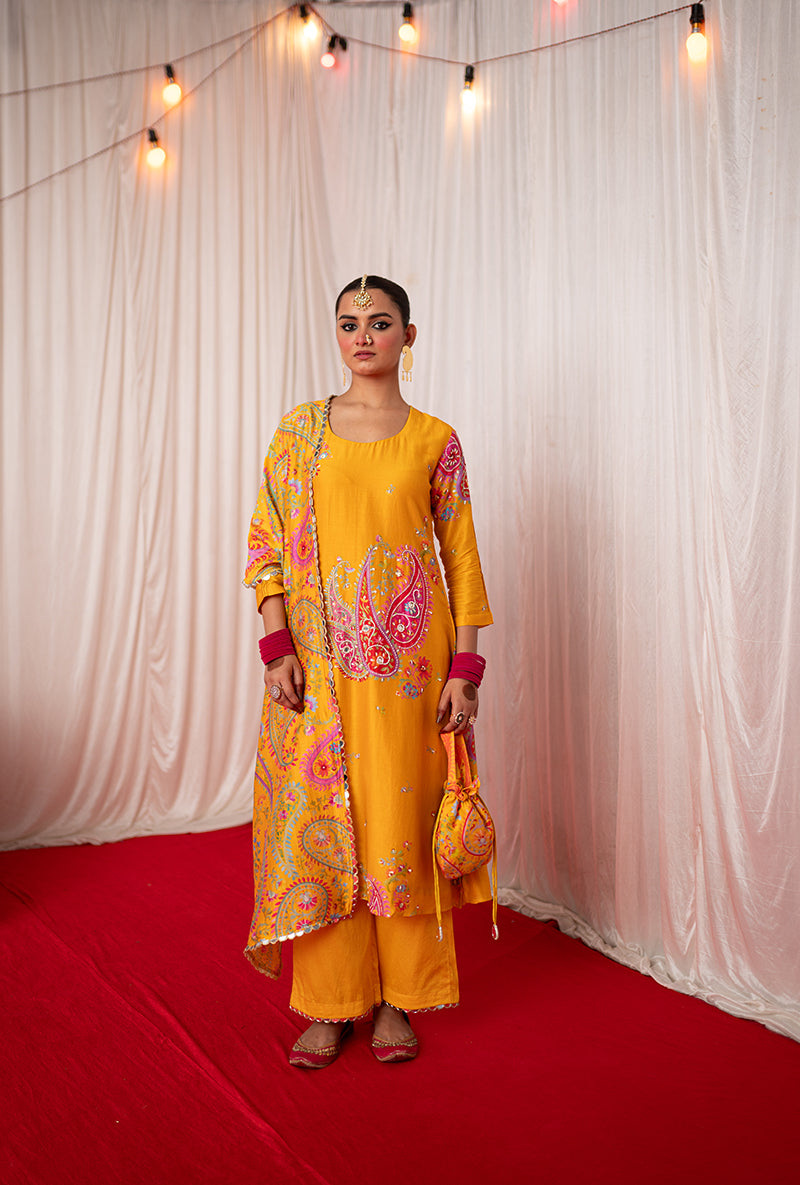 Yellow Embroidered Placement Print Kikli Kurta Set