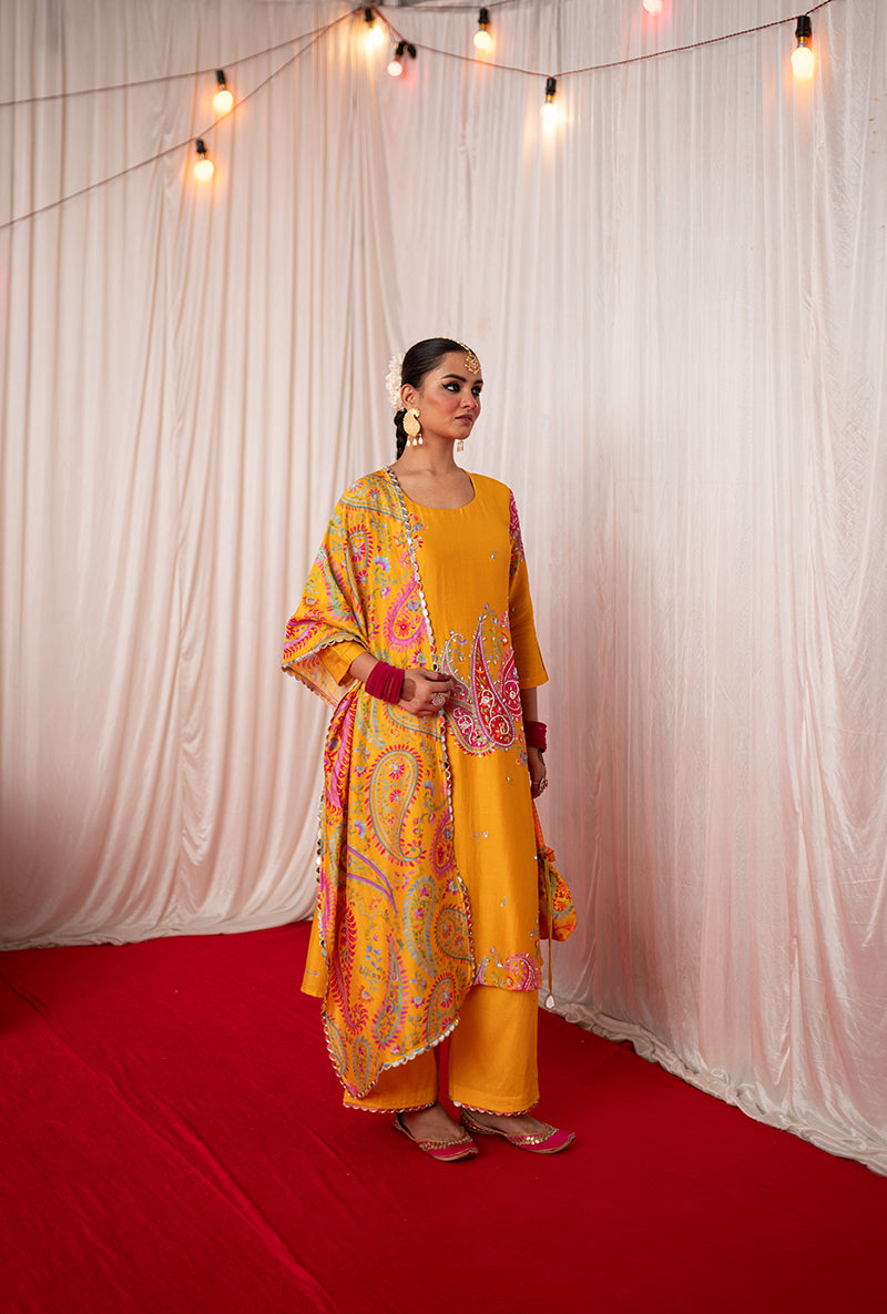 Yellow Embroidered Placement Print Kikli Kurta Set