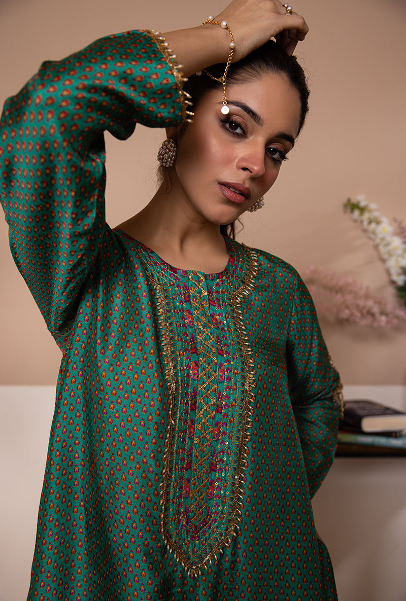 Green Cheent Print Heavy Hem Shaheen Kurta Set