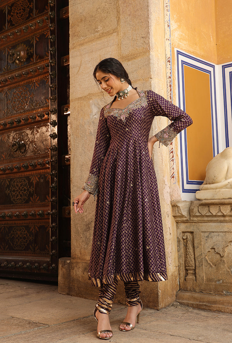 Purple Printed Raag Kalidar Set