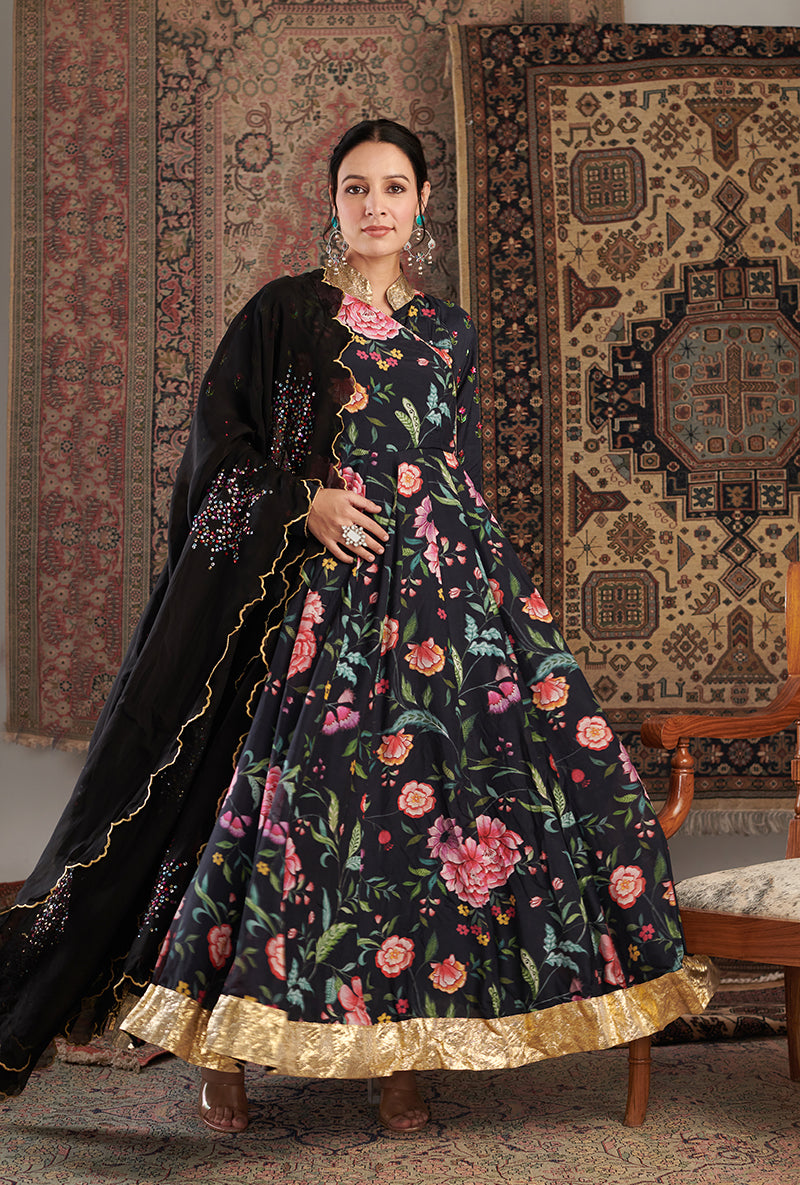 Black Floral Print Aalam Anarkali Set